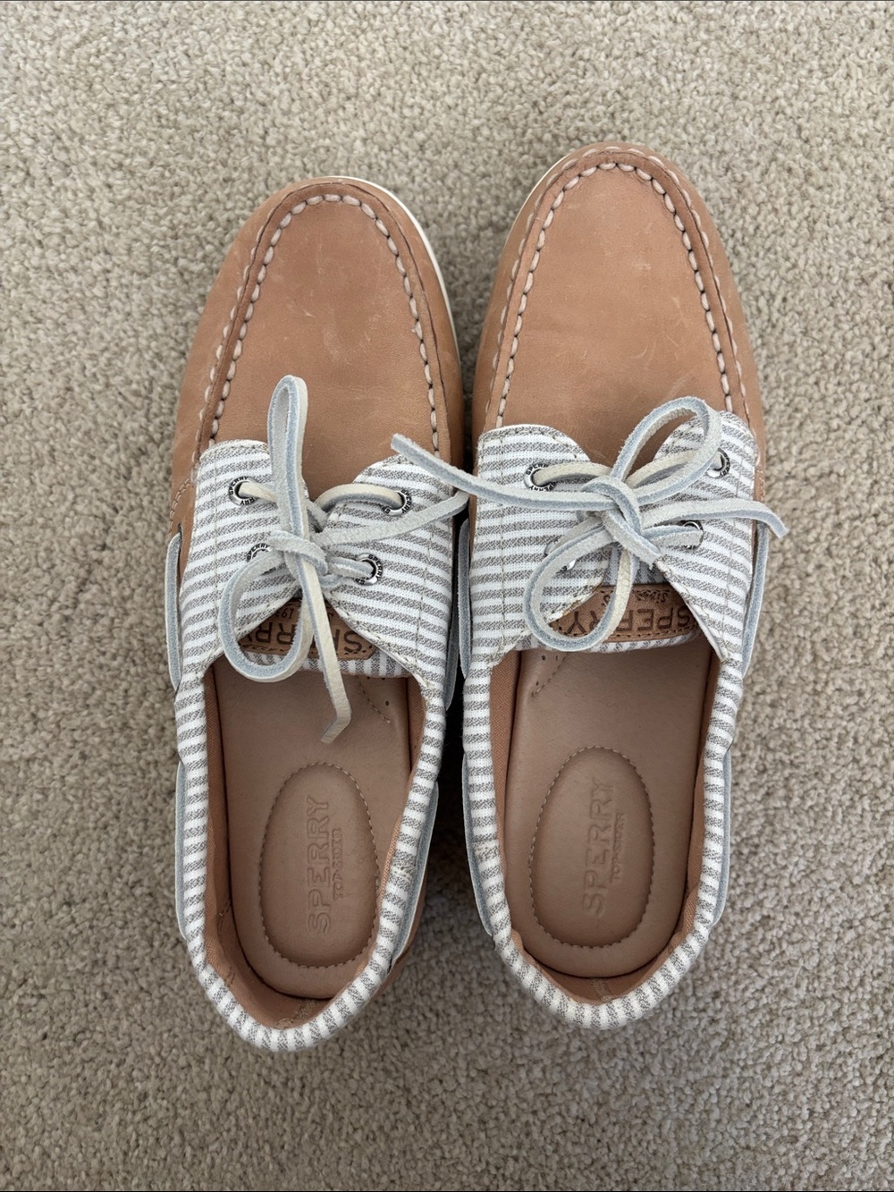 NWOT Sperry Women’s Striped Canvas & Tan Leather Boat Shoes